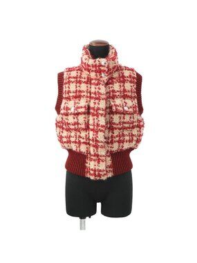 Chanel Down Vest Tweed Striped 34 Mohair Wool Red Beige